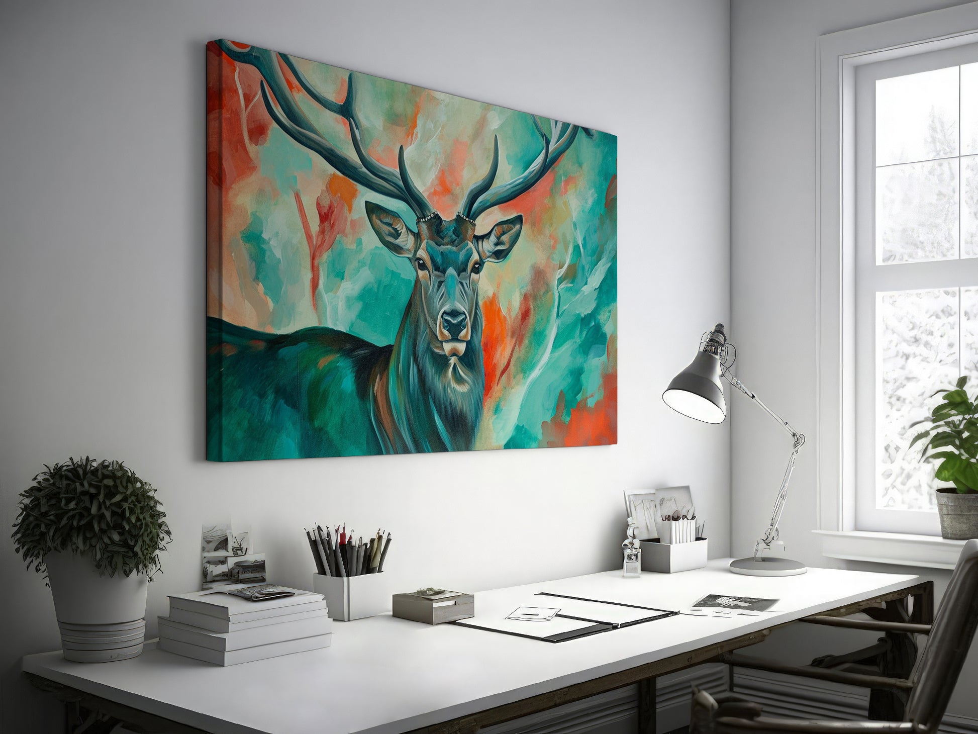 Framed canvas print of a colourful impressionistic painting of a stag with abstract elements