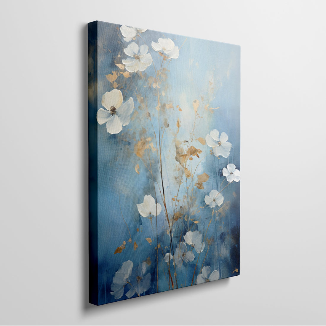 Framed canvas print of abstract white flowers with gold accents on a blue background