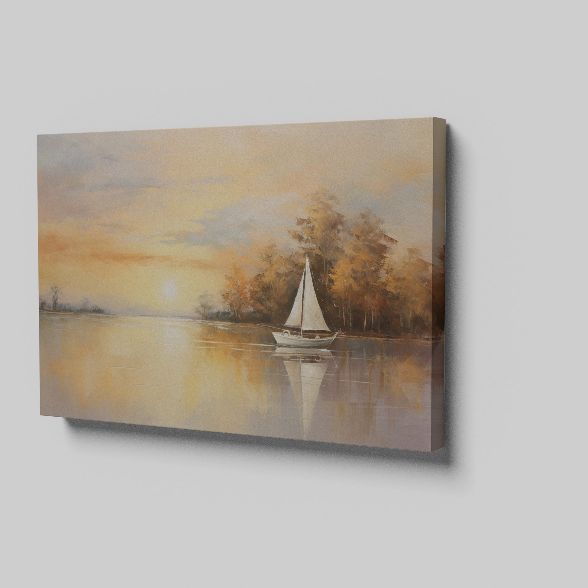 Framed canvas print of a sailboat during sunset with golden sky and water reflections