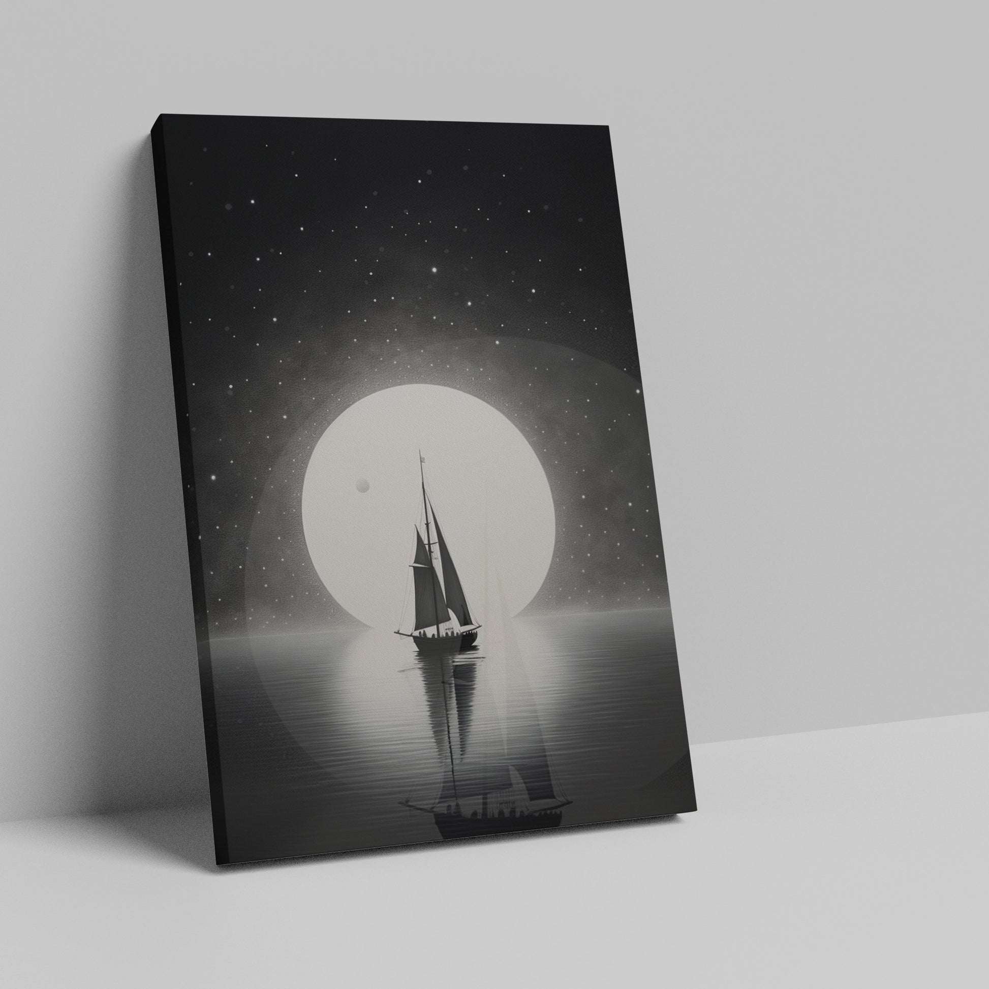 Framed canvas print of a sailboat silhouette against a large moon and starry sky in monochrome tones