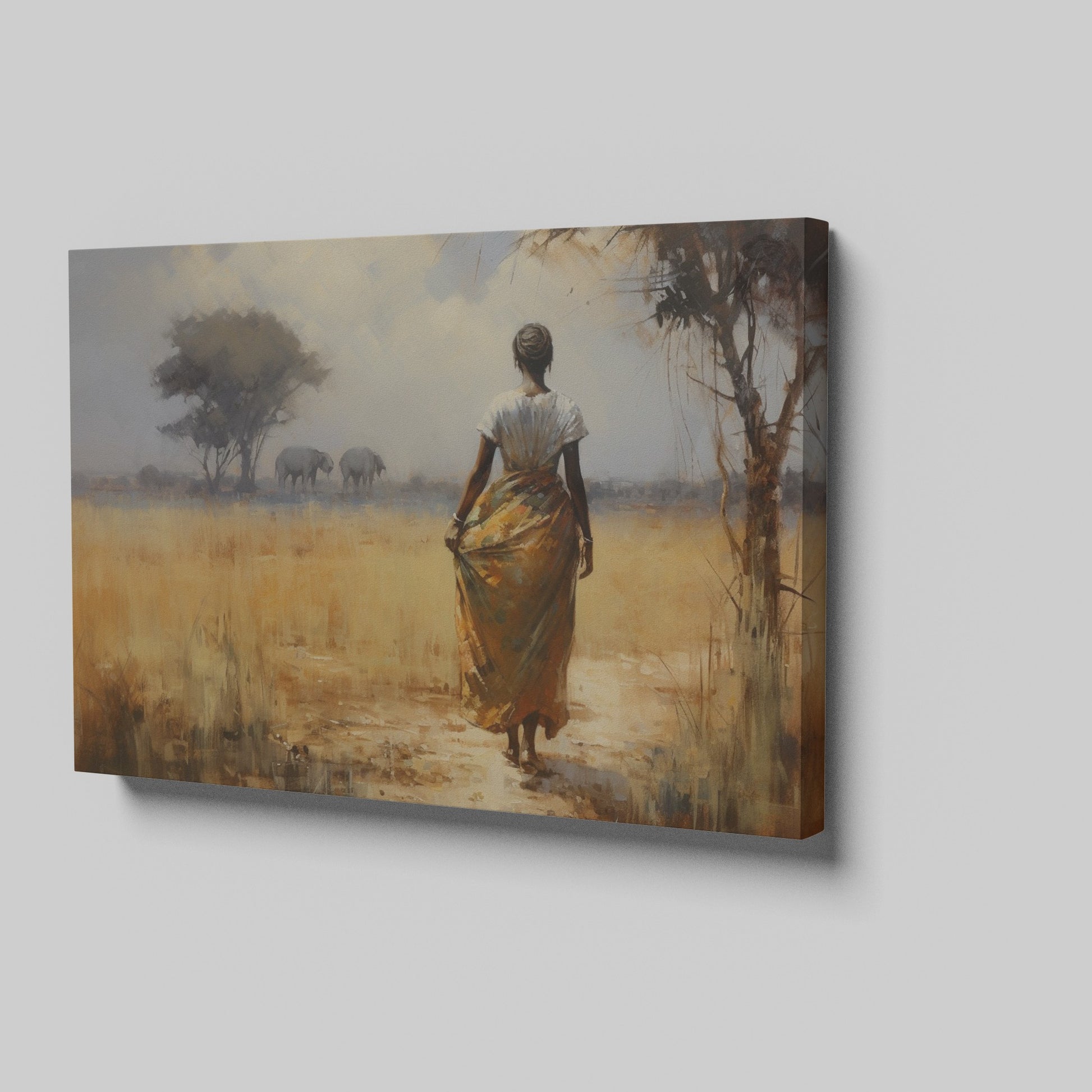 Framed canvas print of an impressionist African Savannah with a woman in traditional dress and elephant herd