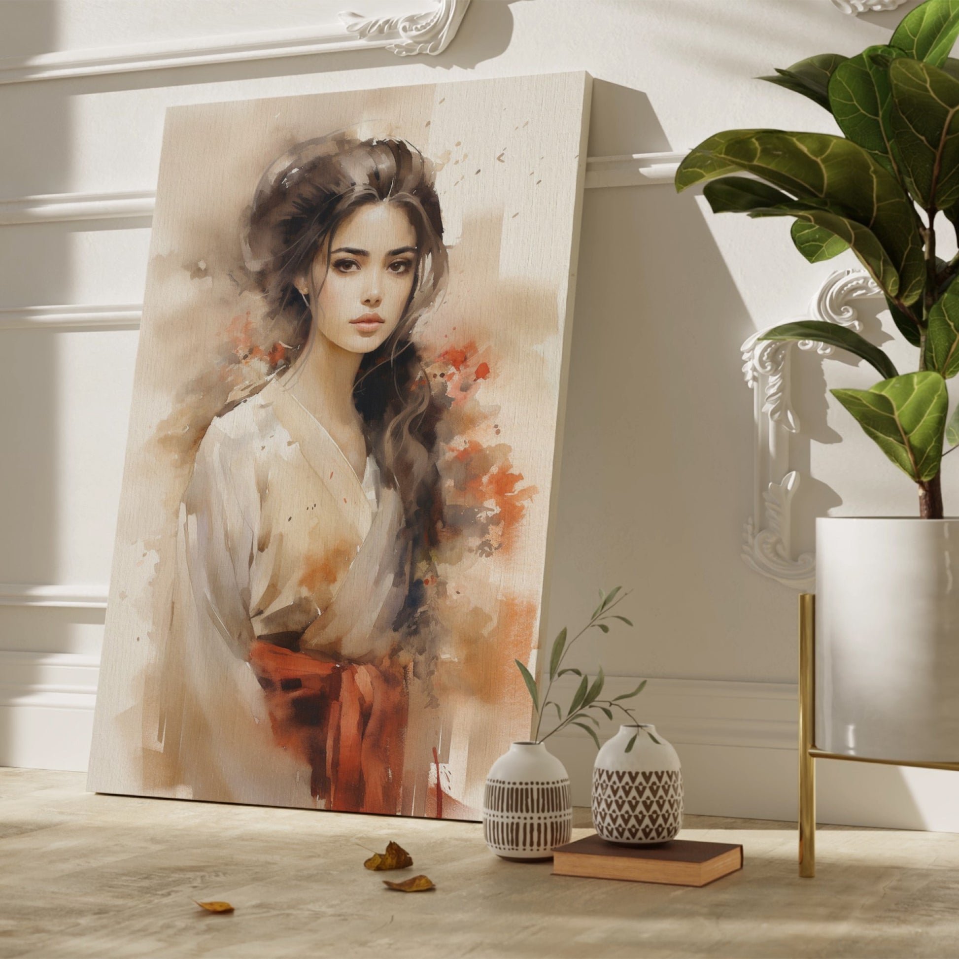 Framed canvas print of a sophisticated watercolour portrait of a woman in a traditional kimono