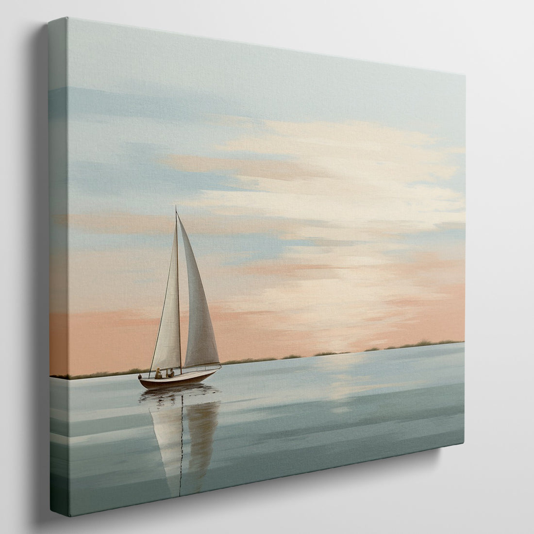 A digitally created artwork of a sailboat on calm waters with a reflection and pastel sunset in the background