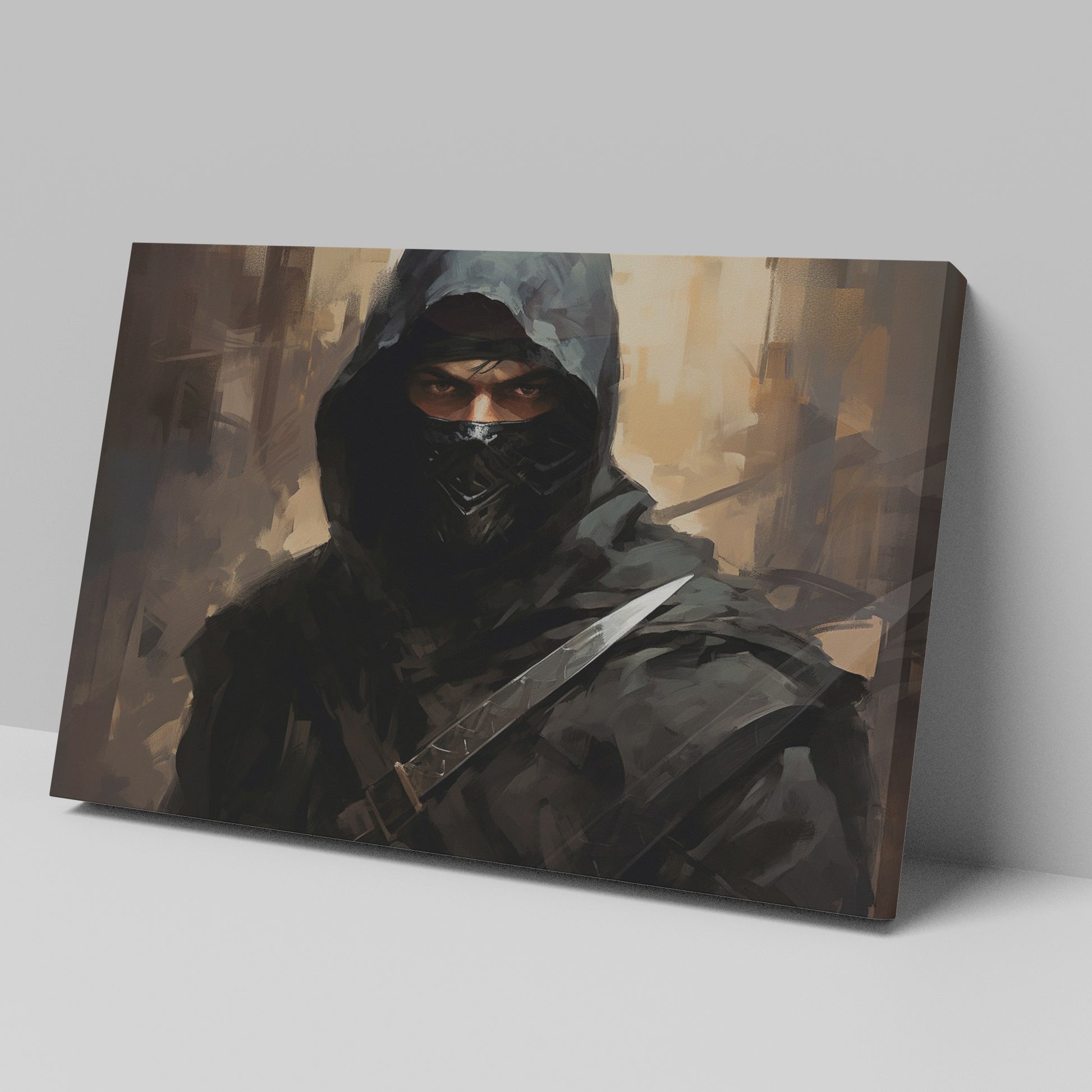 Framed canvas print of a dark and mysterious ninja warrior with intense gaze and sword