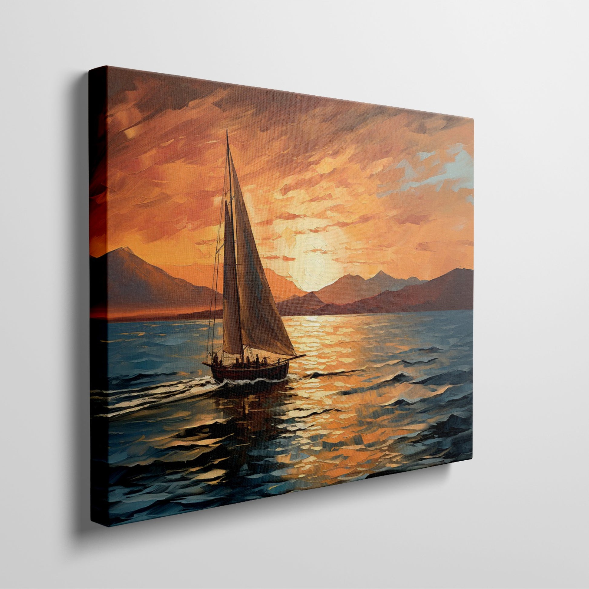 Framed canvas print of a sailboat against a vivid sunset with warm orange and blue tones