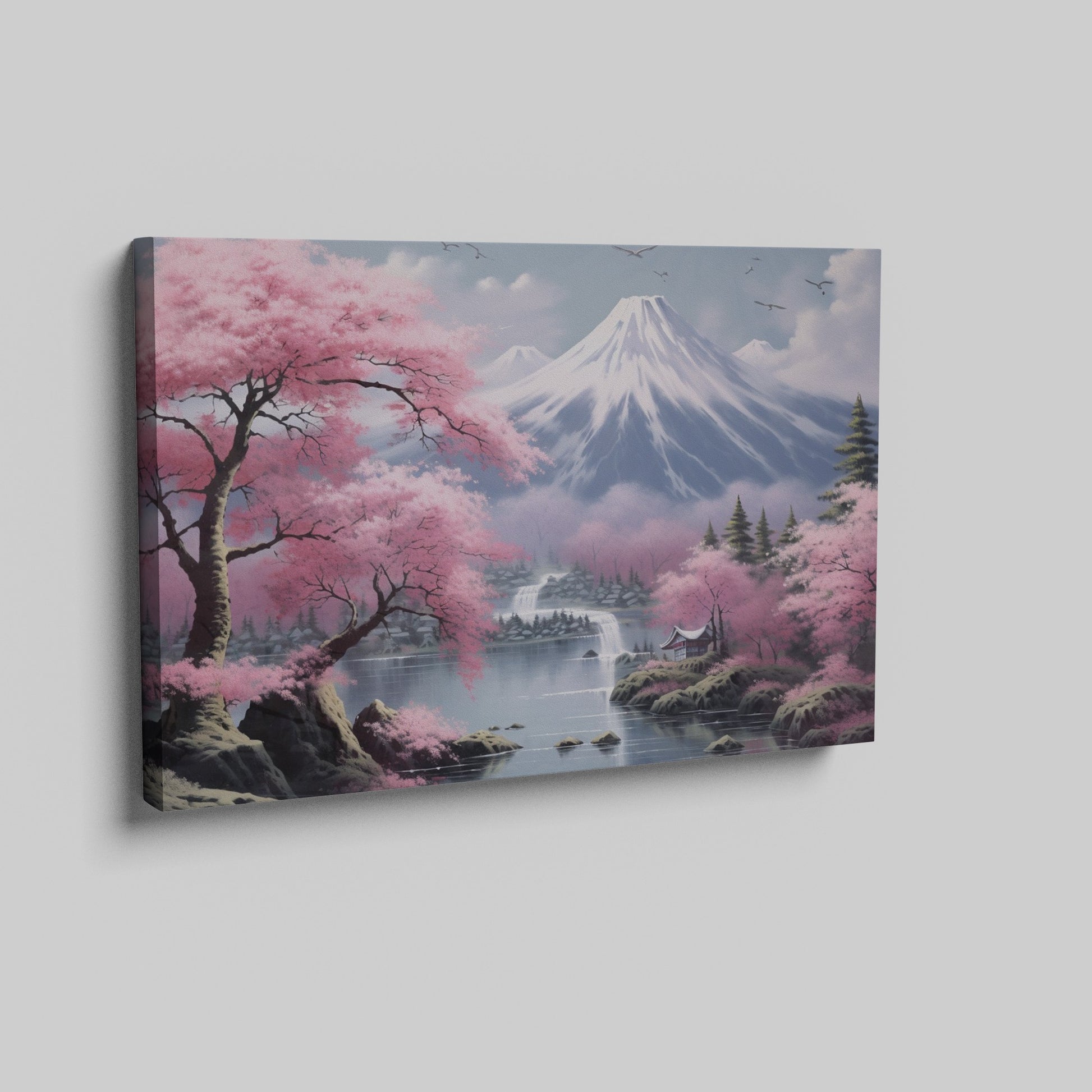 Framed canvas print of a serene Japanese landscape with pink cherry blossoms and Mount Fuji