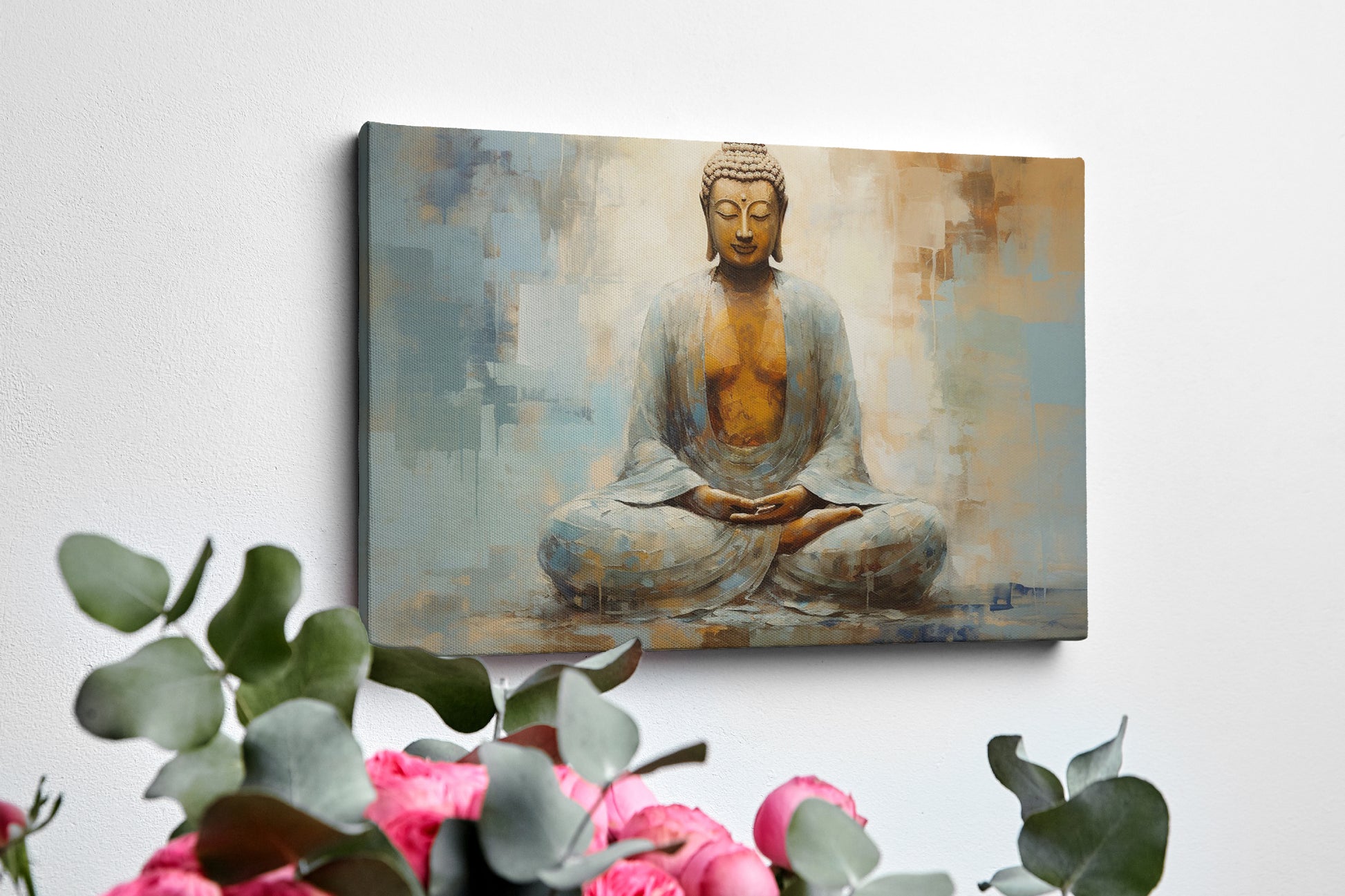 Framed canvas print of a serene Buddha in meditation with abstract elements and warm colour palette