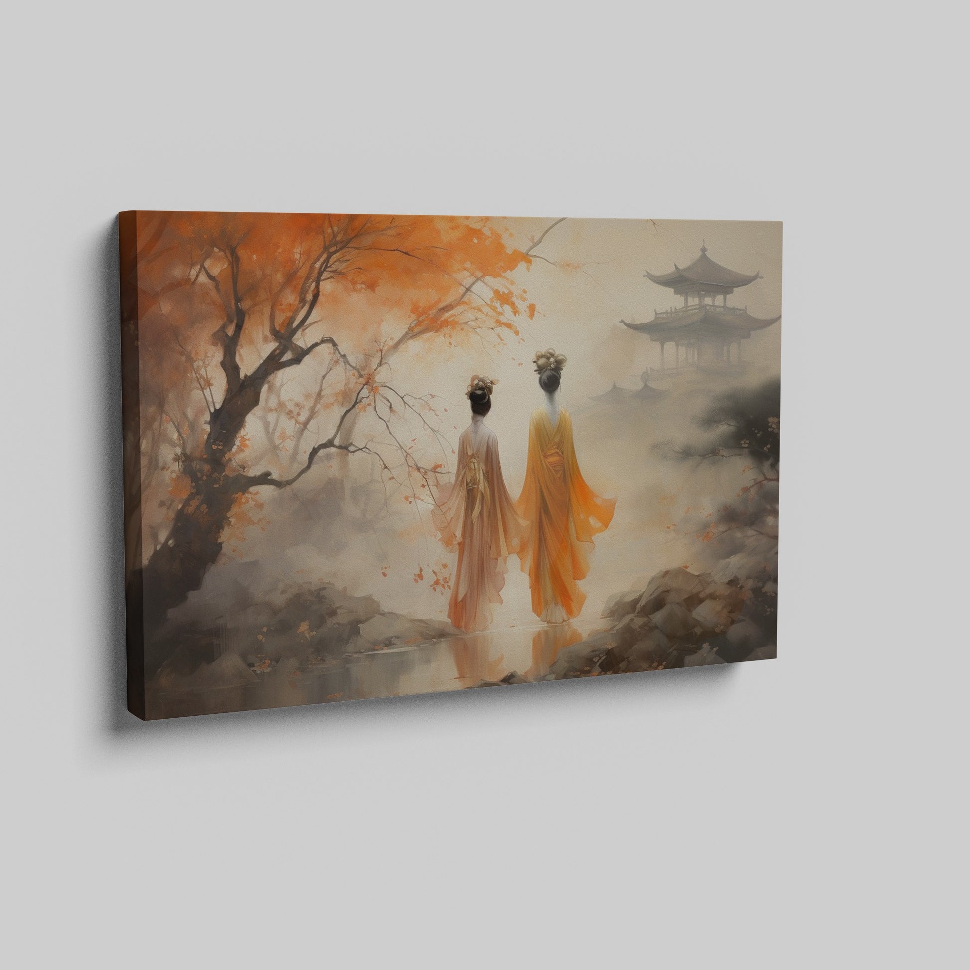 Framed canvas print of oriental scenery with two figures, autumn trees, and a pagoda