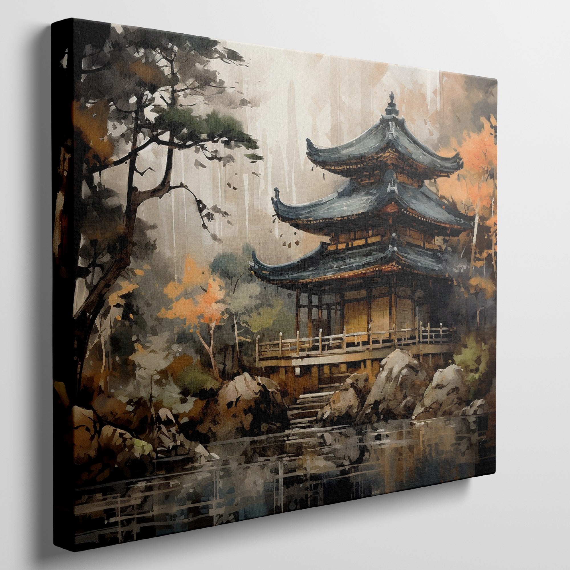 Framed canvas print of an oriental pagoda surrounded by autumn trees and reflection on water