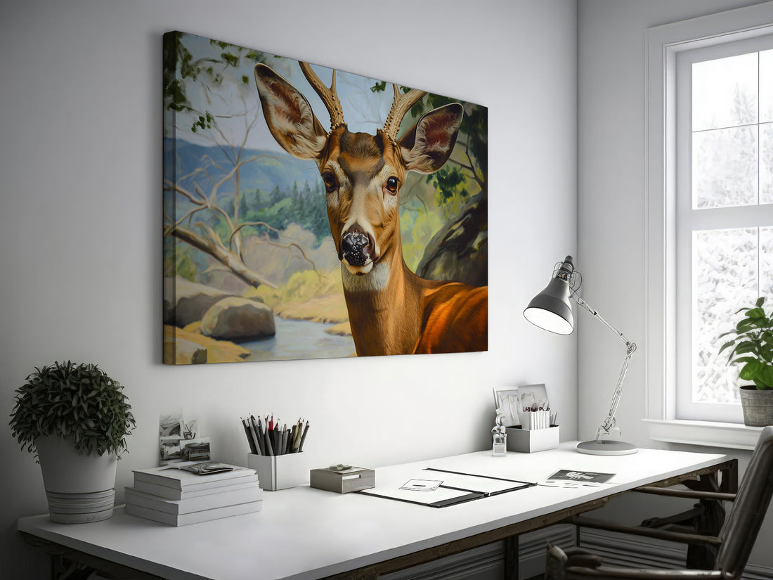 Framed canvas print of a realistic deer portrait with an endearing expression set against a detailed forest landscape