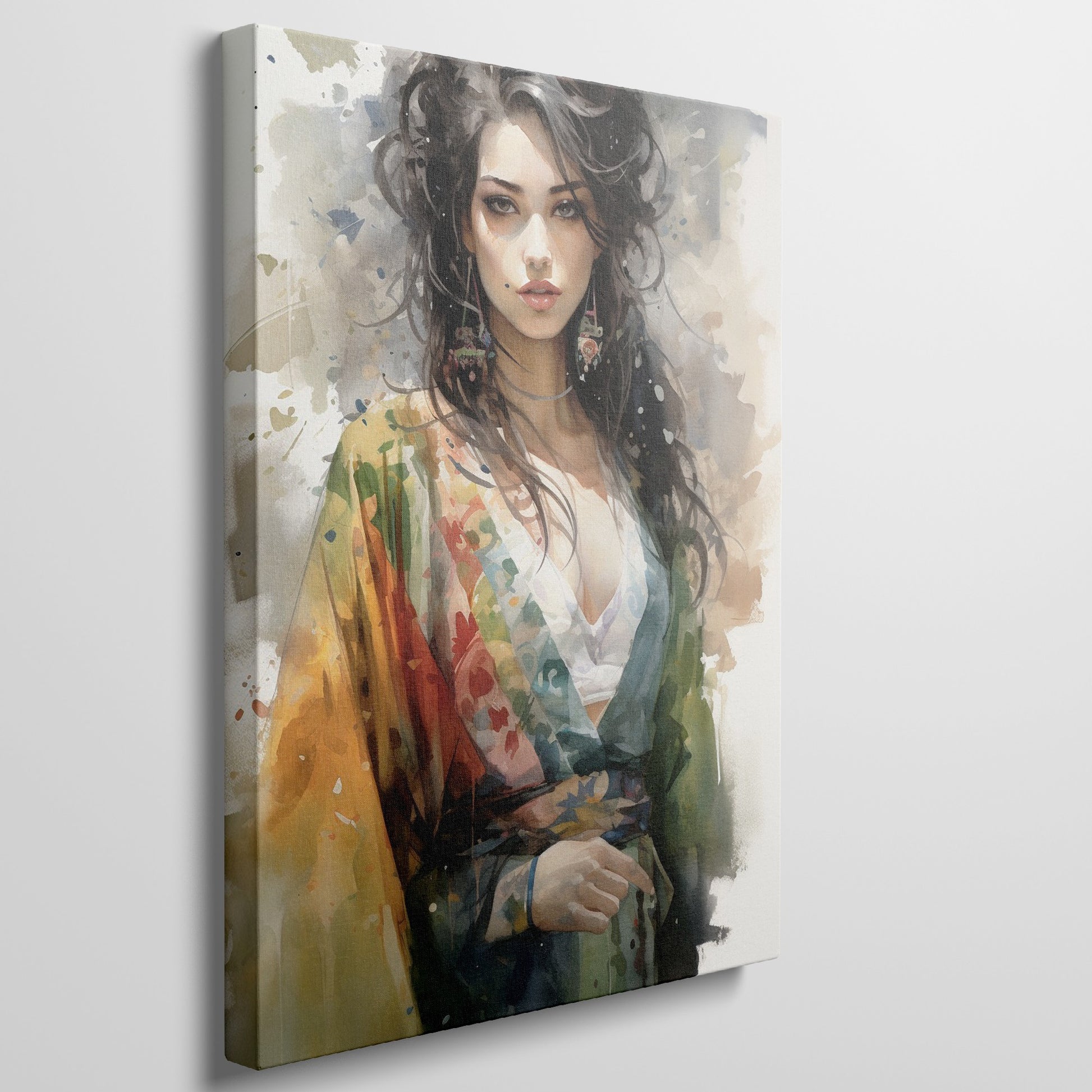 Framed canvas print of a vibrant, watercolour portrait of an elegant woman with colourful attire