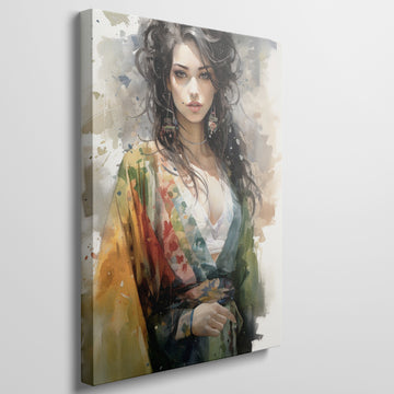 Framed canvas print of a vibrant, watercolour portrait of an elegant woman with colourful attire