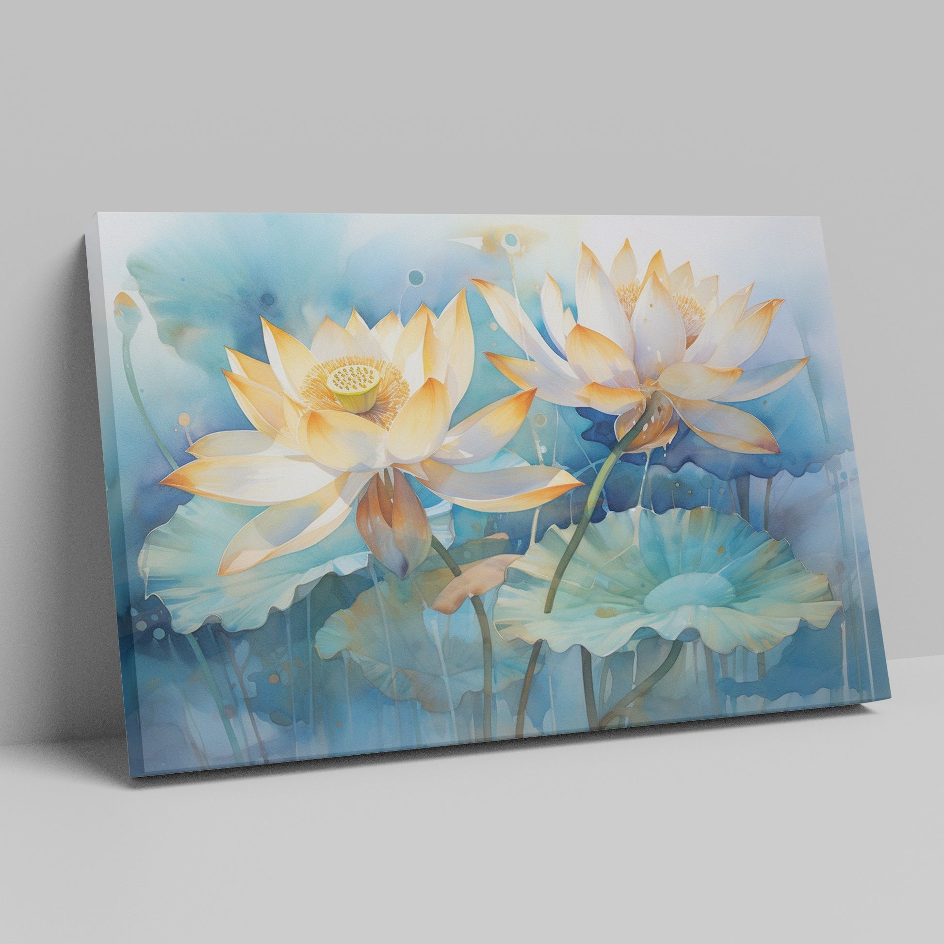 Framed canvas print of tranquil watercolor lotus flowers with pastel hues on a serene blue background