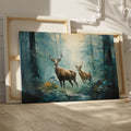 Framed canvas print of two stags in a sunlit, enchanted forest