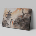 Framed canvas print of traditional Oriental scene with pagodas, cherry blossoms, and ink wash painting style