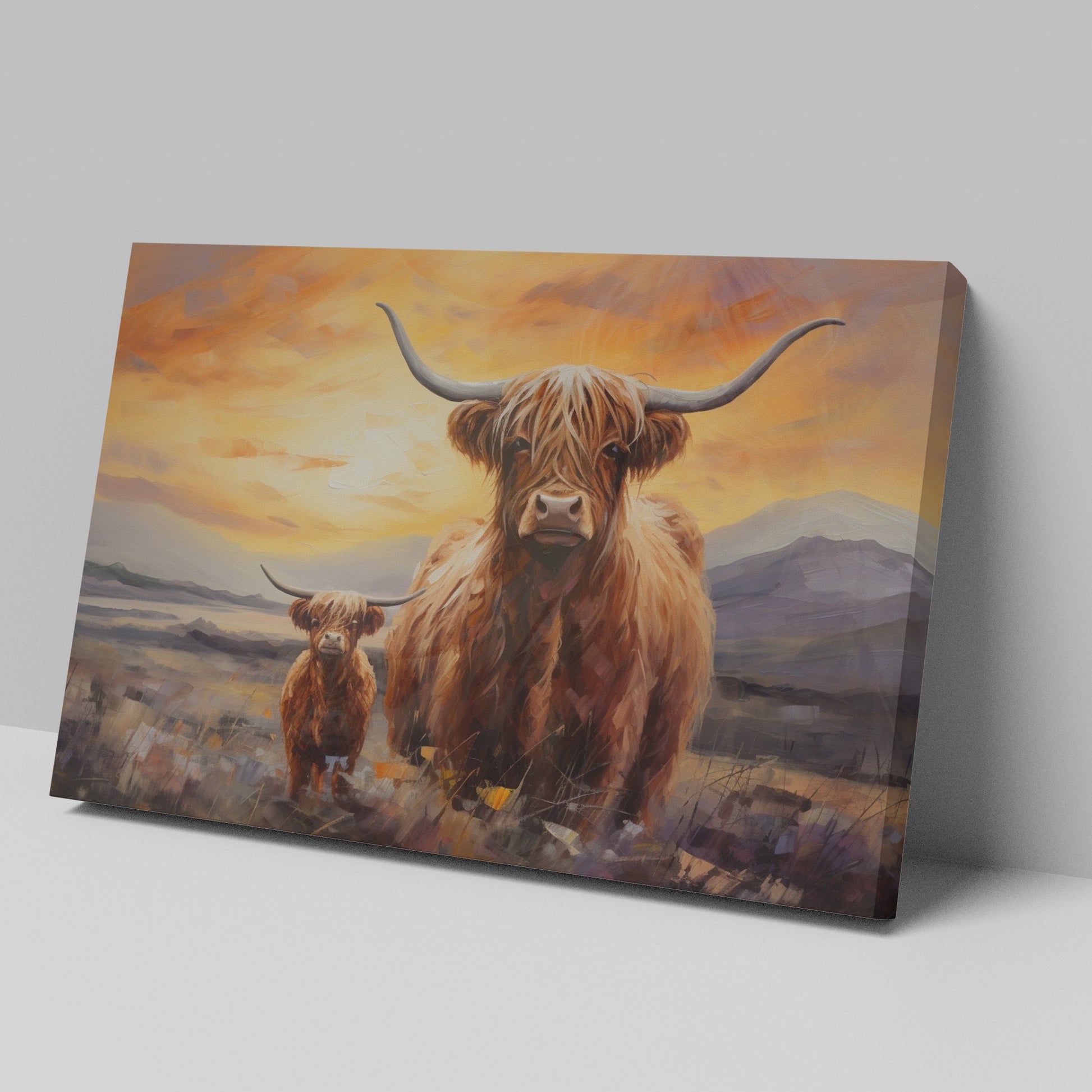 Framed canvas print of a Highland Cow and Calf against a vivid sunset landscape