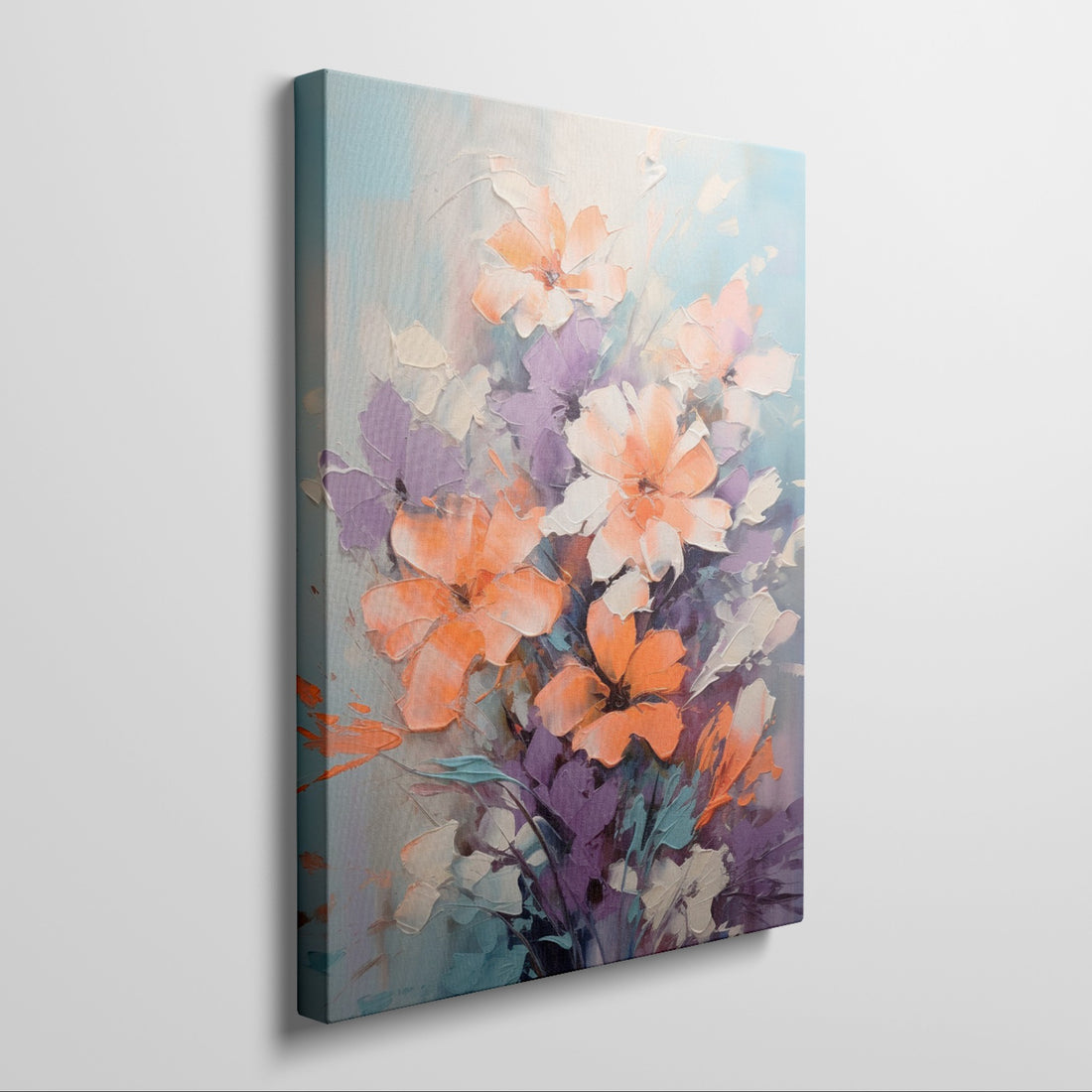 Framed canvas print of vibrant impasto style flowers with heavy texture in vivid orange and purple hues