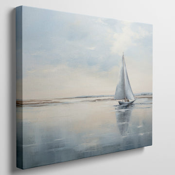 A serene painting of a sailboat on calm blue waters under a vast sky, reflecting a peaceful coastal scene.