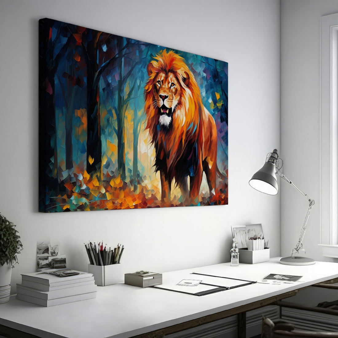 Framed canvas print of an abstract geometric lion in a vibrant autumn forest