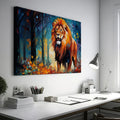 Framed canvas print of an abstract geometric lion in a vibrant autumn forest