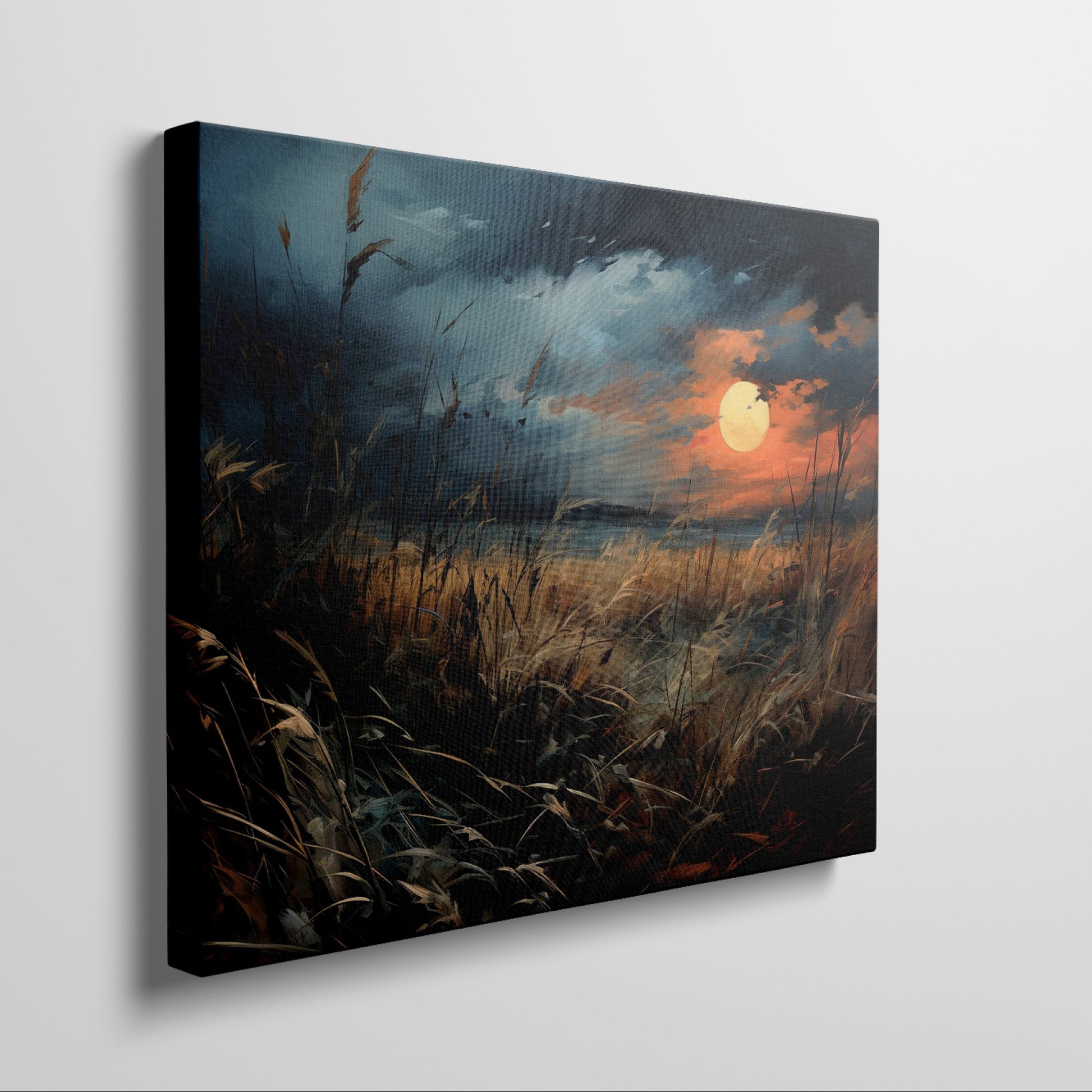 Framed canvas print of a dramatic sunset over a rustic meadow with vivid warm tones