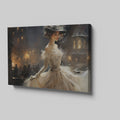 Framed canvas print of an elegant Victorian lady in a dress with Parisian night background