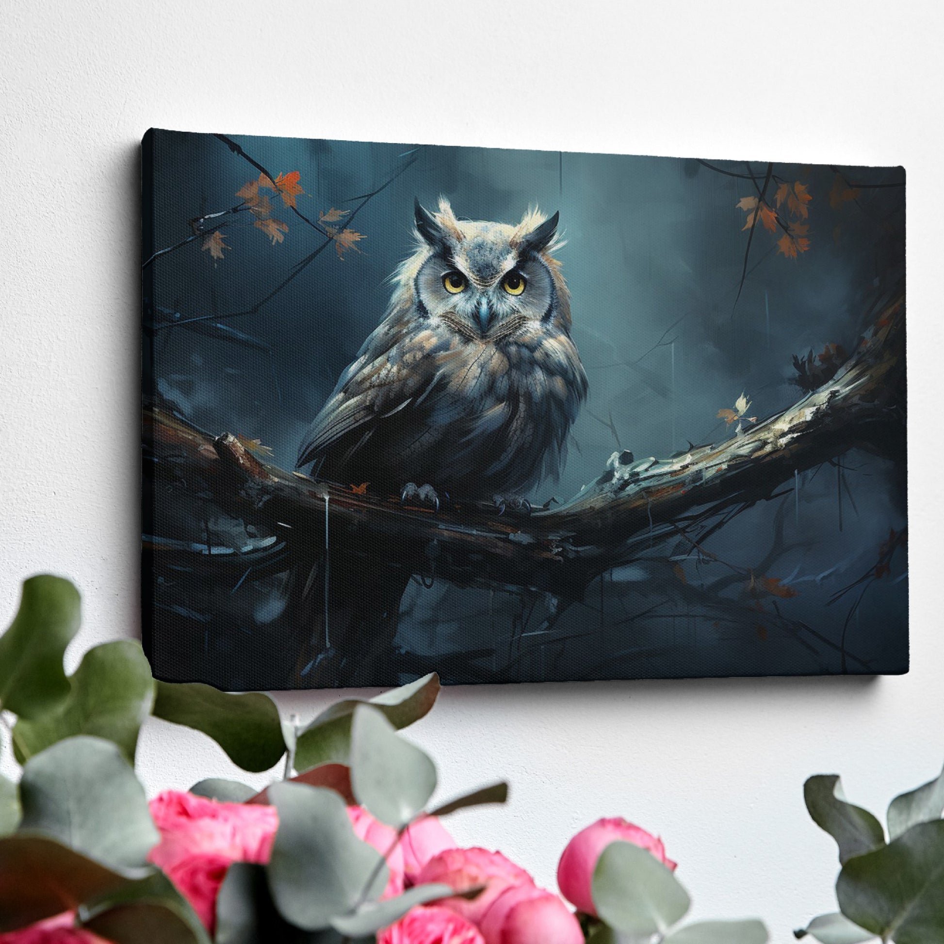 Framed canvas print of a mystical owl with amber eyes perched on a branch against a dark, moody background with autumn leaves