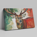 Framed canvas print of an impressionist stag portrait with vibrant red and green tones