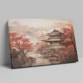 Framed canvas print of Oriental Asian Pagoda scene with Cherry Blossoms and misty mountain backdrop