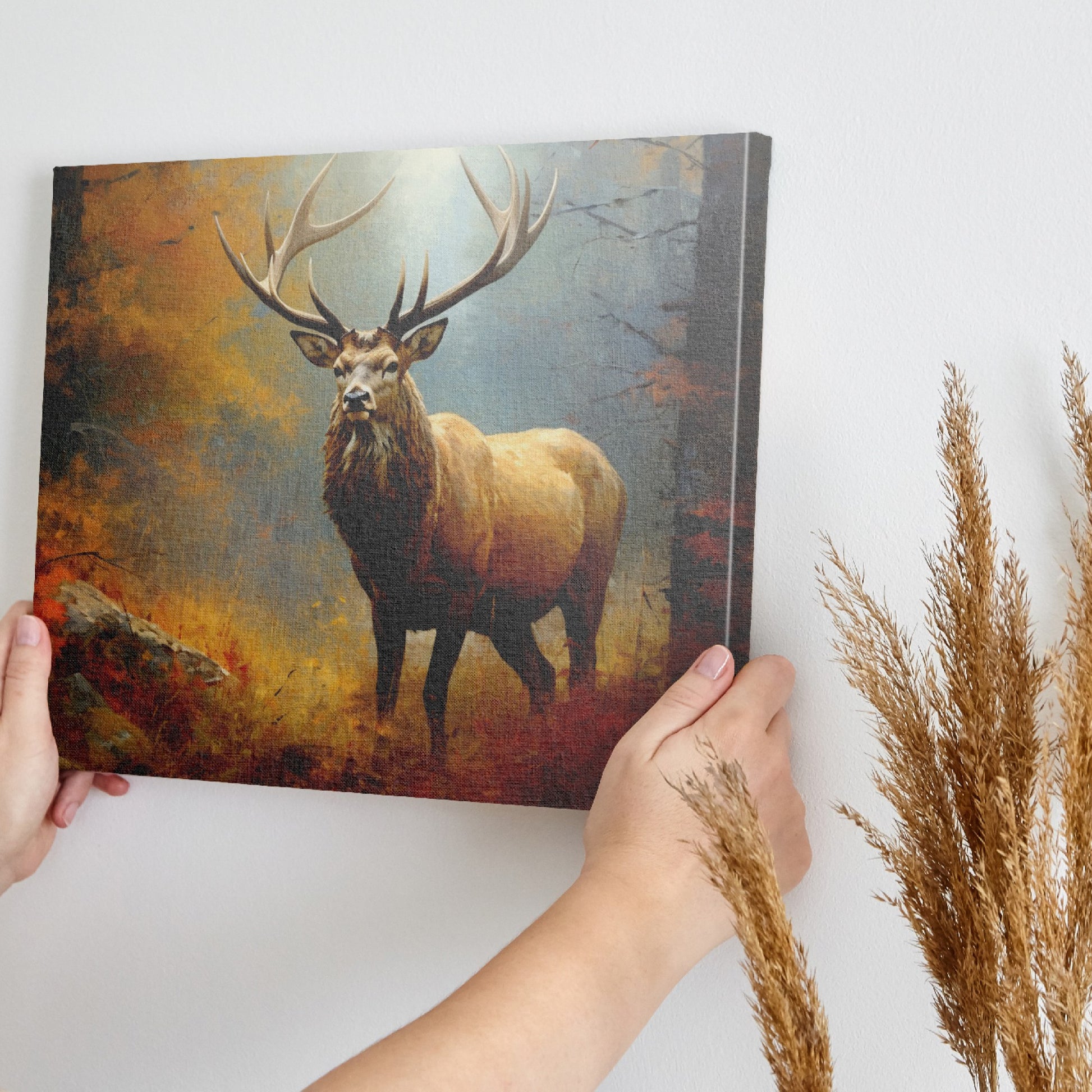 Framed canvas print of a majestic stag standing in an autumn forest with vibrant foliage