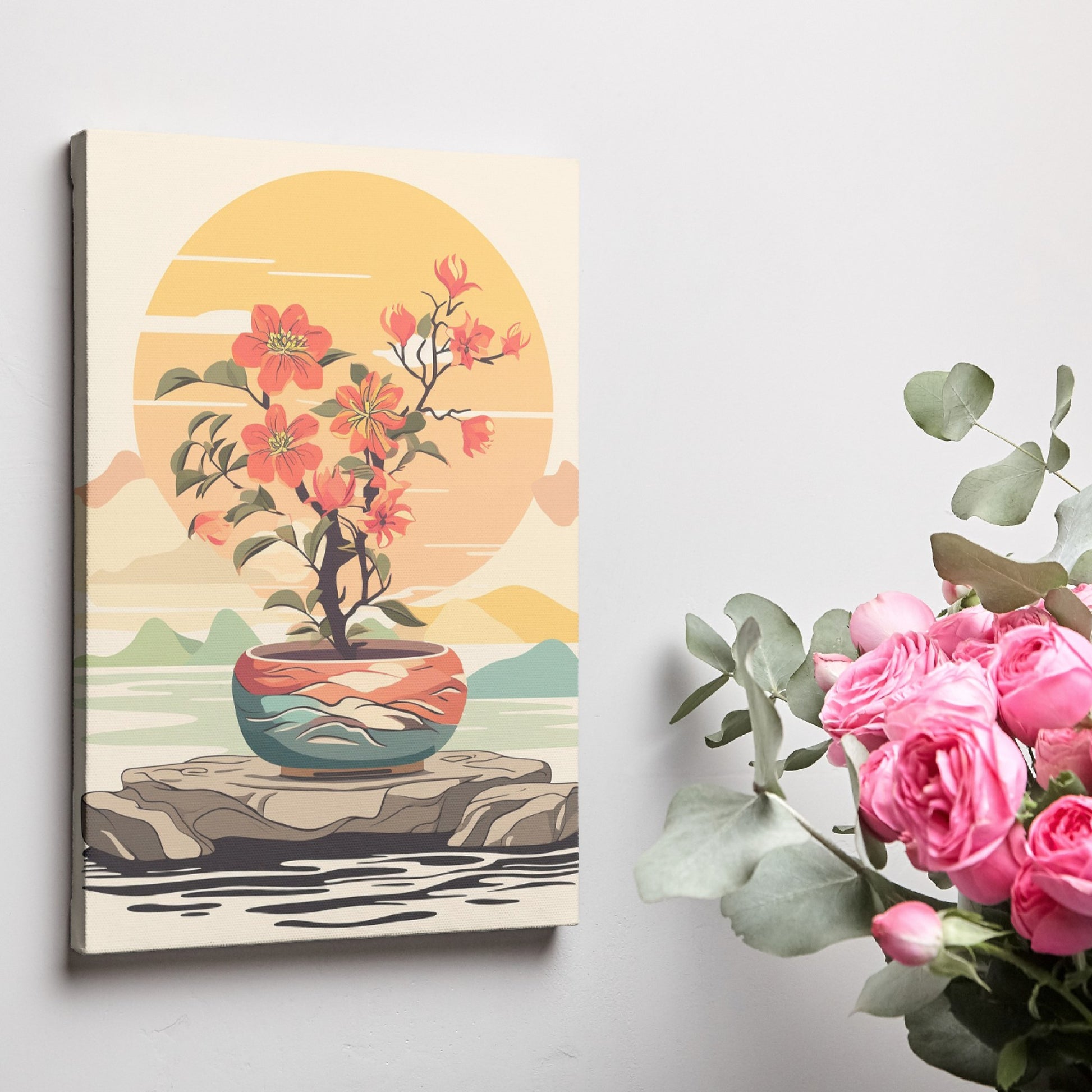 Stylized illustration of an orange bonsai tree in a colorful pot with a sunset and mountains in the background