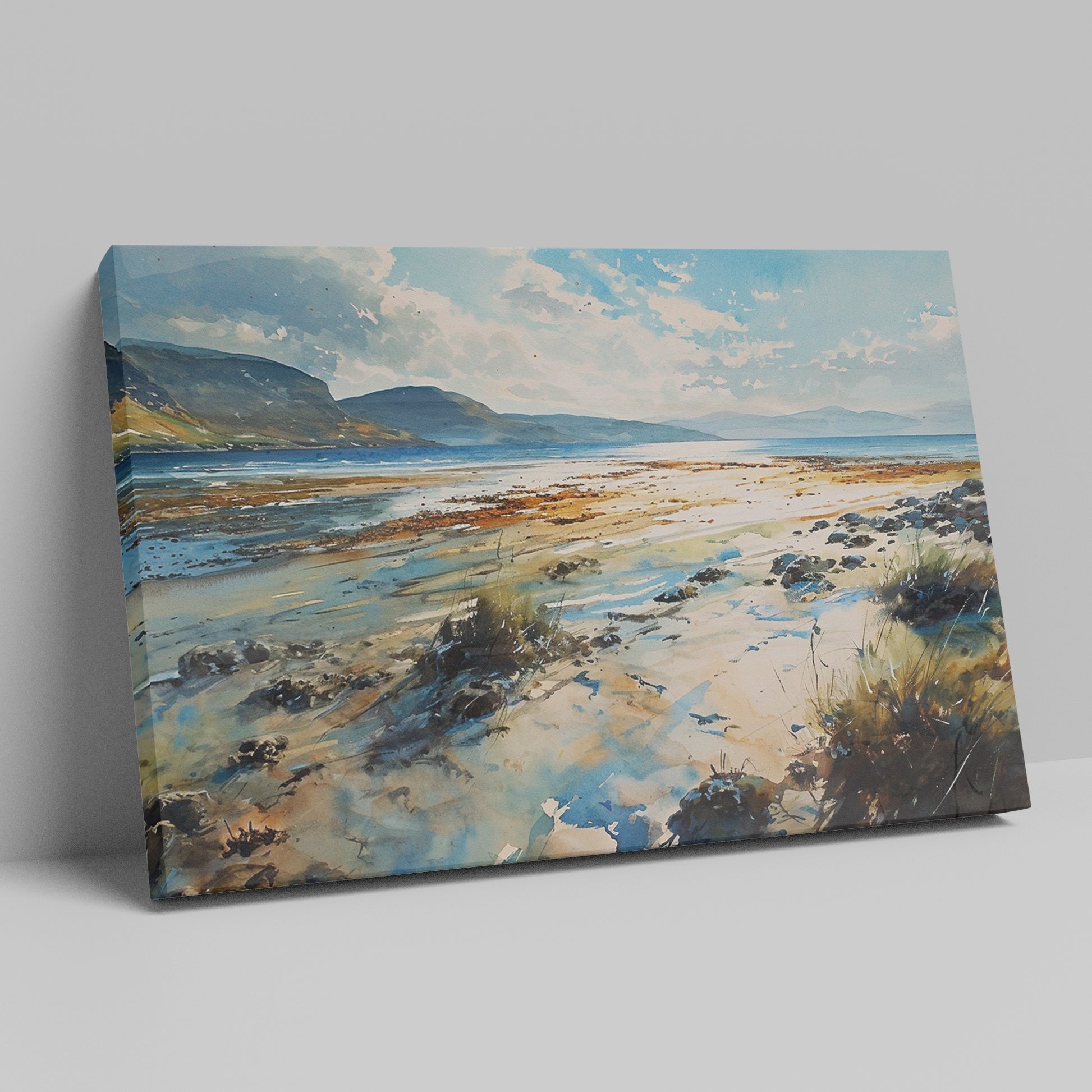 Framed canvas print of a serene watercolor painting depicting a scenic seaside landscape with vibrant blues and earthy tones