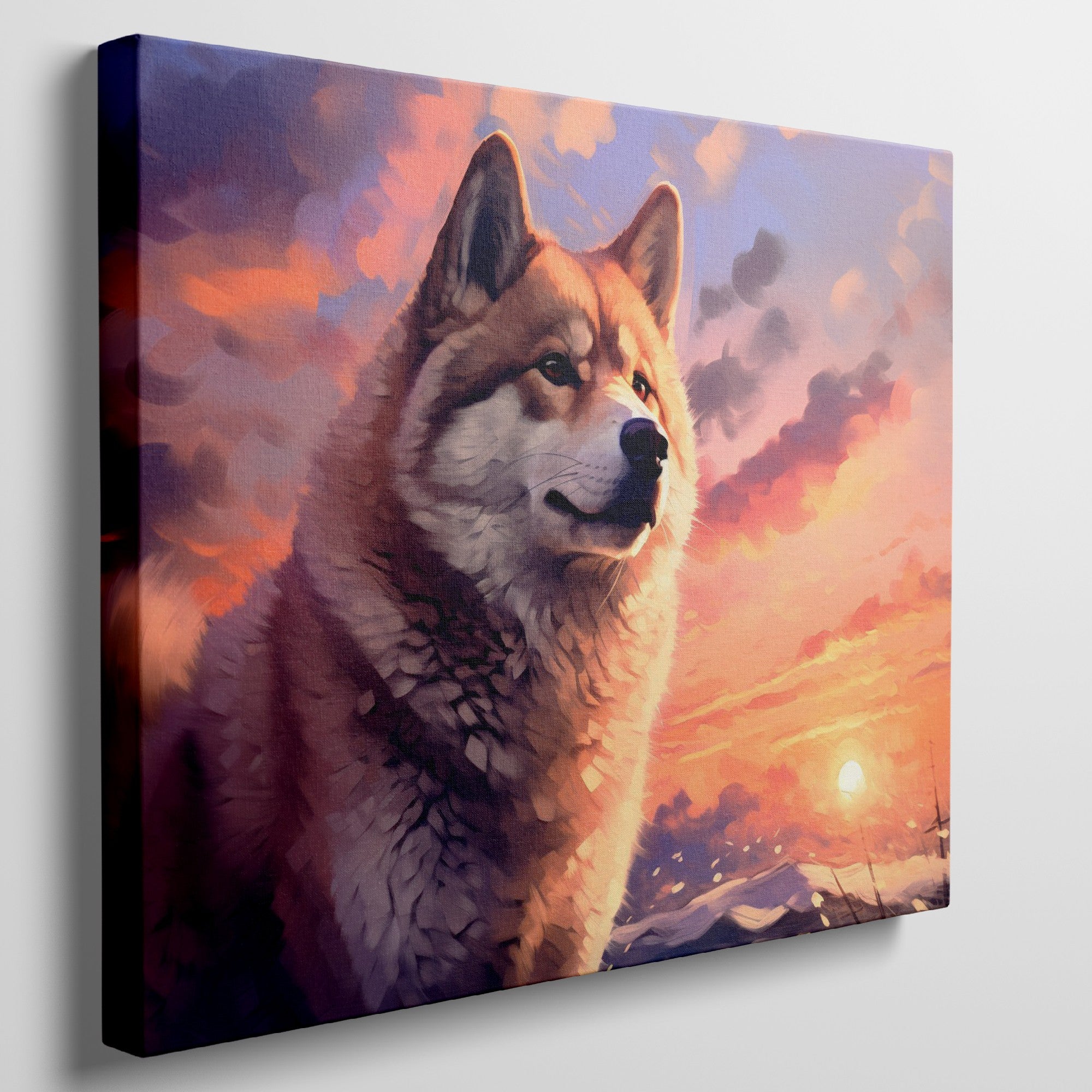 Framed canvas print of a majestic wolf against a vibrant sunset background in fiery tones