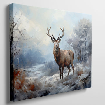 Framed canvas print of a majestic stag in a snowy wilderness, painted in impressionist style with a cool colour palette