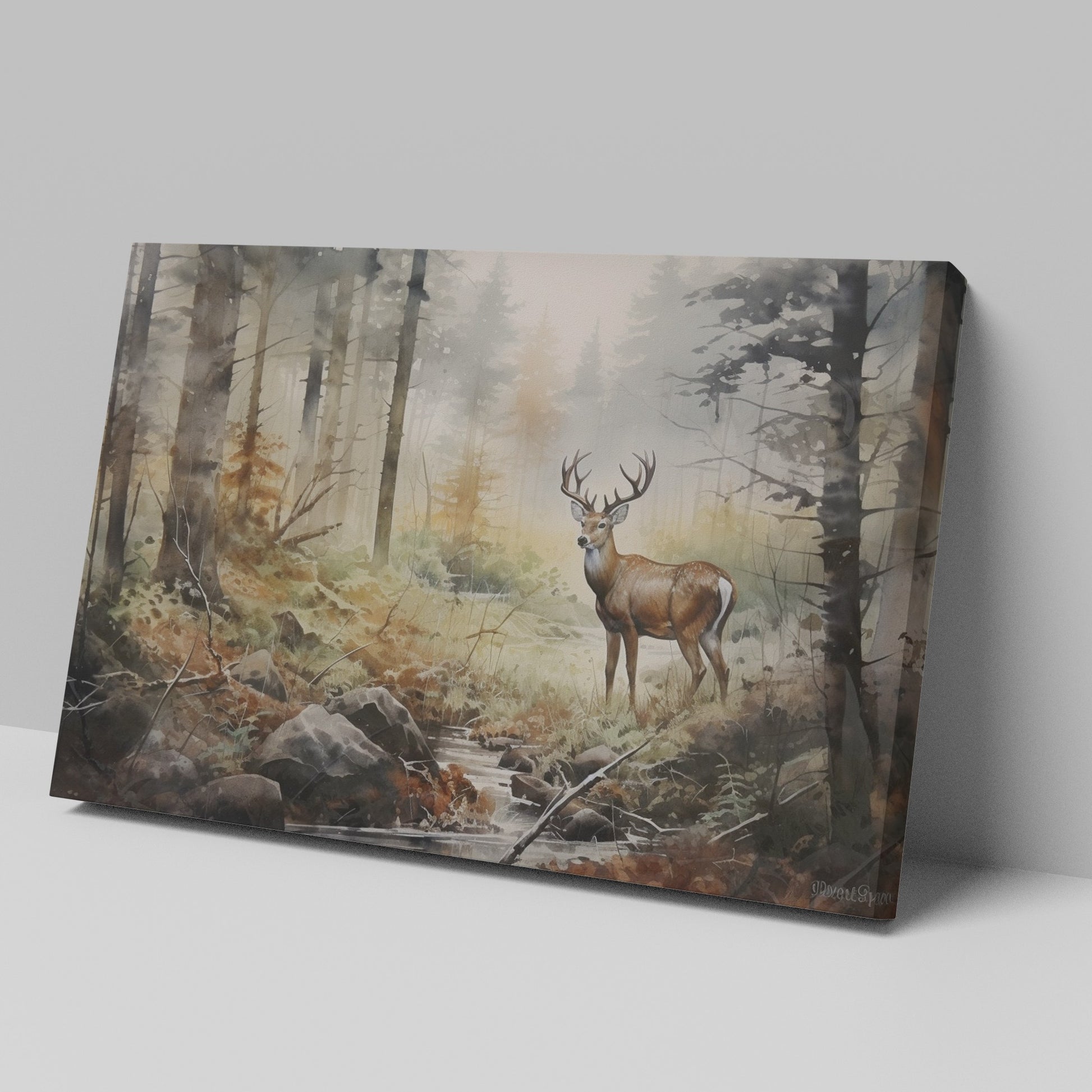 Framed canvas print of a majestic stag in a misty woodland with autumn colours