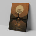 Framed canvas print of African sunset with large sun, tree silhouette, and candle reflection