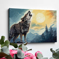 Framed canvas print of a howling wolf in a forest at sunset with orange and blue tones