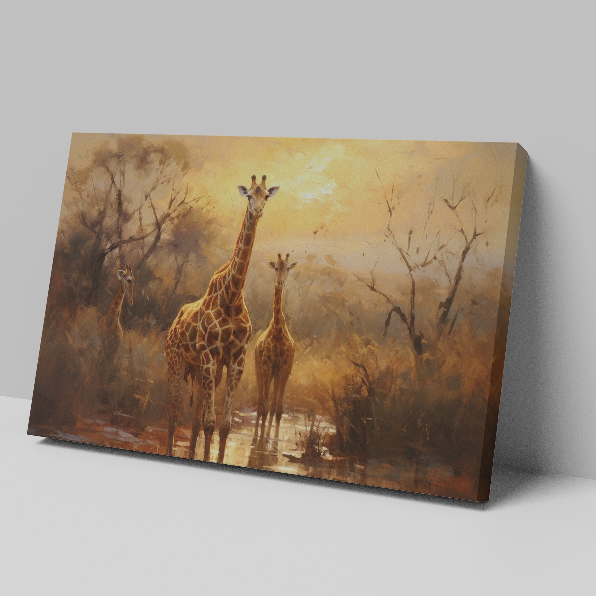 Framed canvas print of a family of giraffes in the savannah during sunset with warm tones