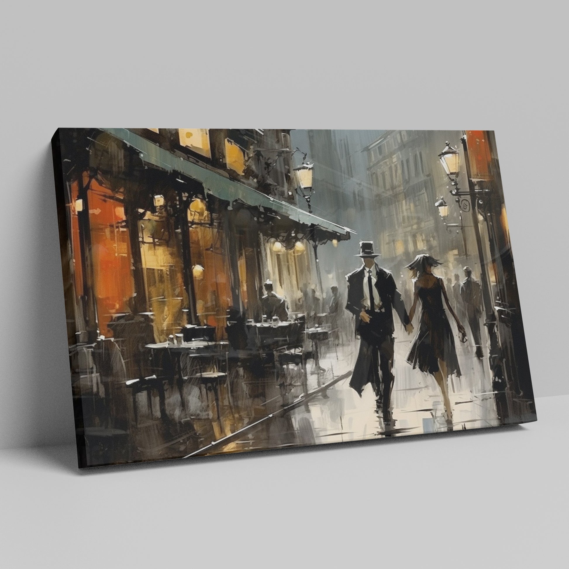 Framed canvas print of a romantic couple on a rainy evening stroll in a vintage style cityscape