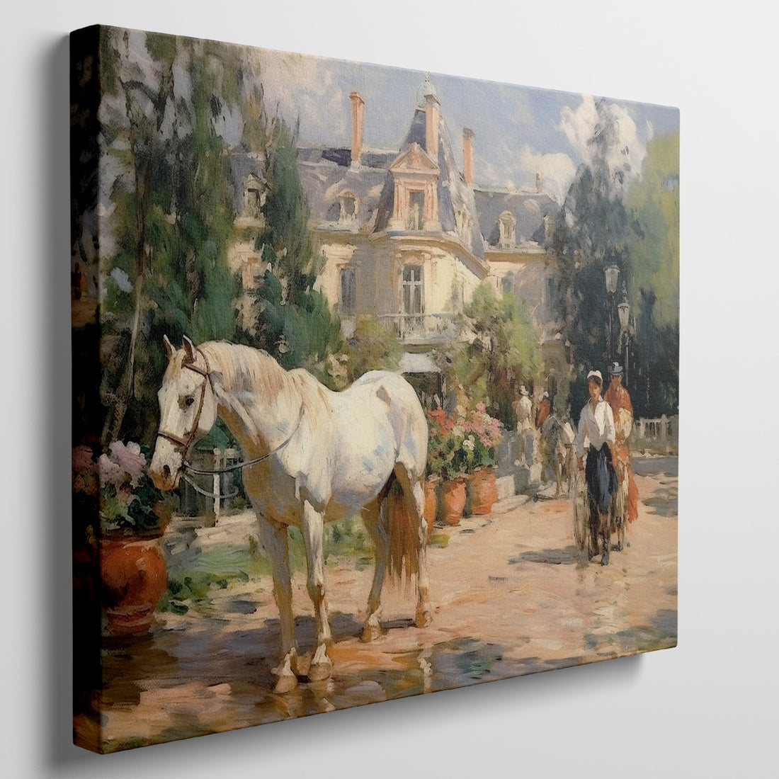 Framed canvas print of an impressionist painting featuring a white horse, a Victorian estate, and garden scenery