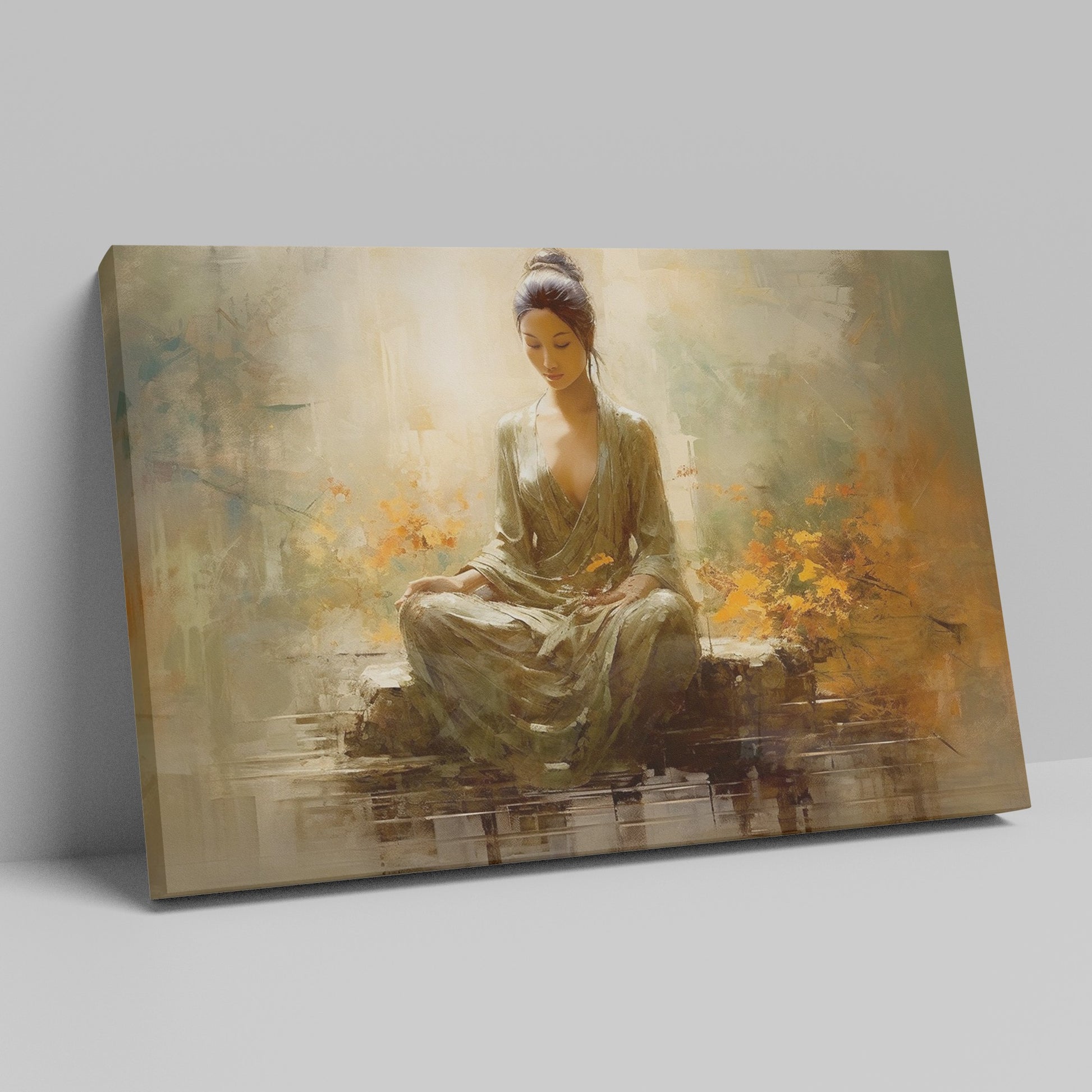 Framed canvas print of a meditative woman in peaceful surroundings with warm, autumnal colors