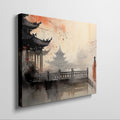 Framed canvas print of traditional Chinese ink wash painting with figures in orange robes and pagodas