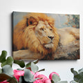 Framed canvas print of a realistic African lion resting, with warm colour tones and detailed texture