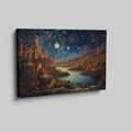 Framed canvas print of a moonlit fantasy cityscape with vibrant colours and a starry night sky