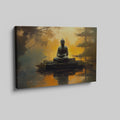 Framed canvas print of Buddha silhouette before an orange sunset with tree reflections on water