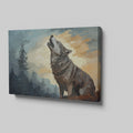 Framed canvas print of a howling wolf in a forest at dusk with vibrant earthy tones