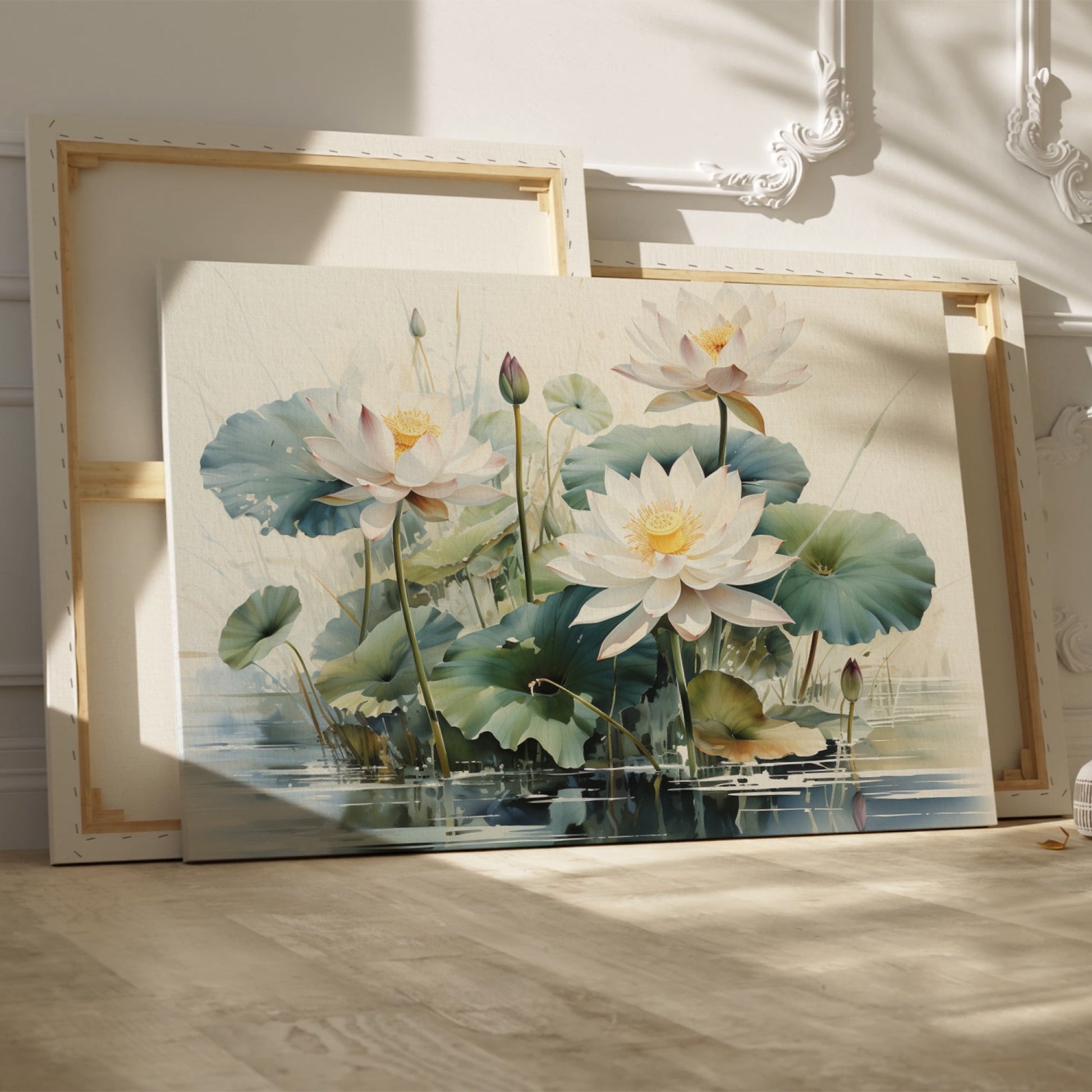 Framed canvas print of tranquil lotus flowers and water lilies on a serene pond