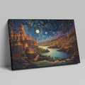 Framed canvas print of a moonlit fantasy cityscape with vibrant colours and a starry night sky