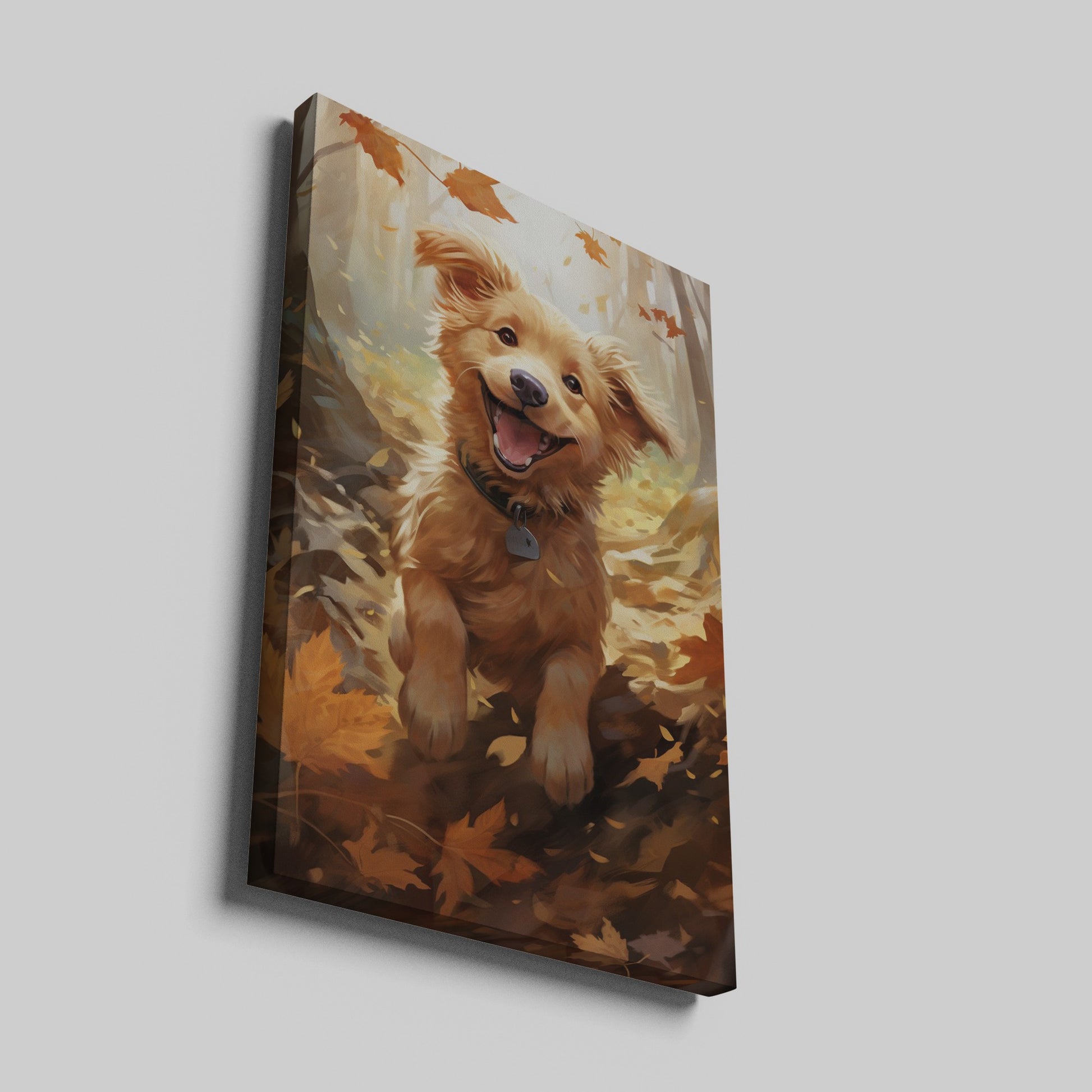 Framed canvas print of a joyful Golden Retriever with autumn leaves in vibrant tones