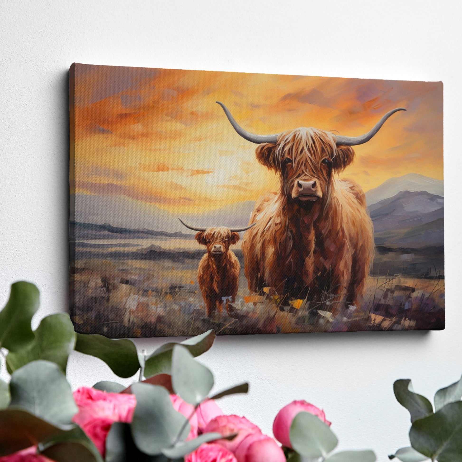 Framed canvas print of a Highland Cow and Calf against a vivid sunset landscape